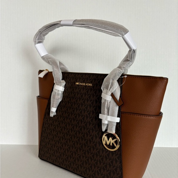 NWT Michael Kors Charlotte Top Zip Tote MK Signature Shoulder Bag Brown - Picture 9 of 15